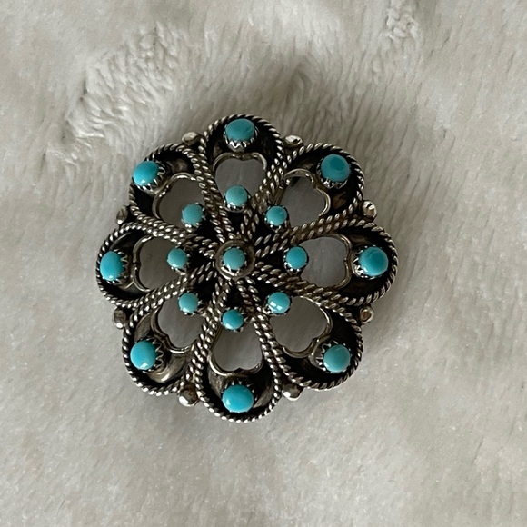 Vintage Zuni Native American 925 Silver Turquoise Pendant Brooch Necklace - Picture 4 of 6